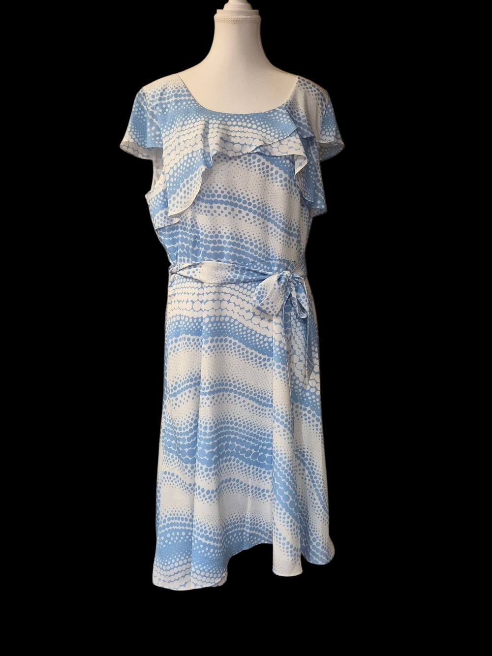 Alex Marie Blue and White Ruffle Belted Midi Dress